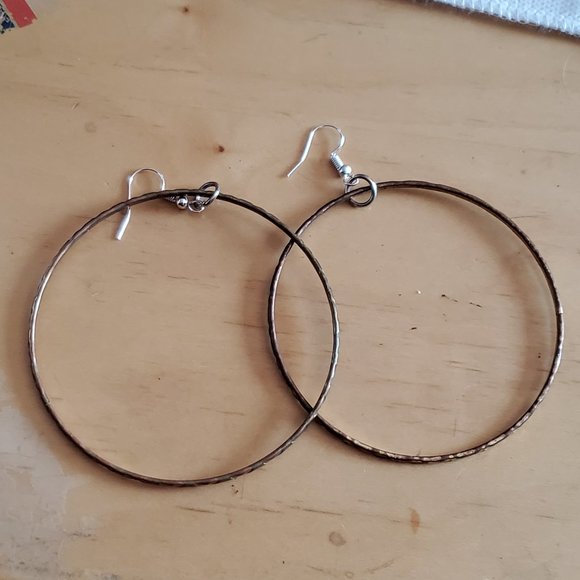 2.75" Bronze Tone Hoop Hook Earrings Artisan Wave - Picture 2 of 3
